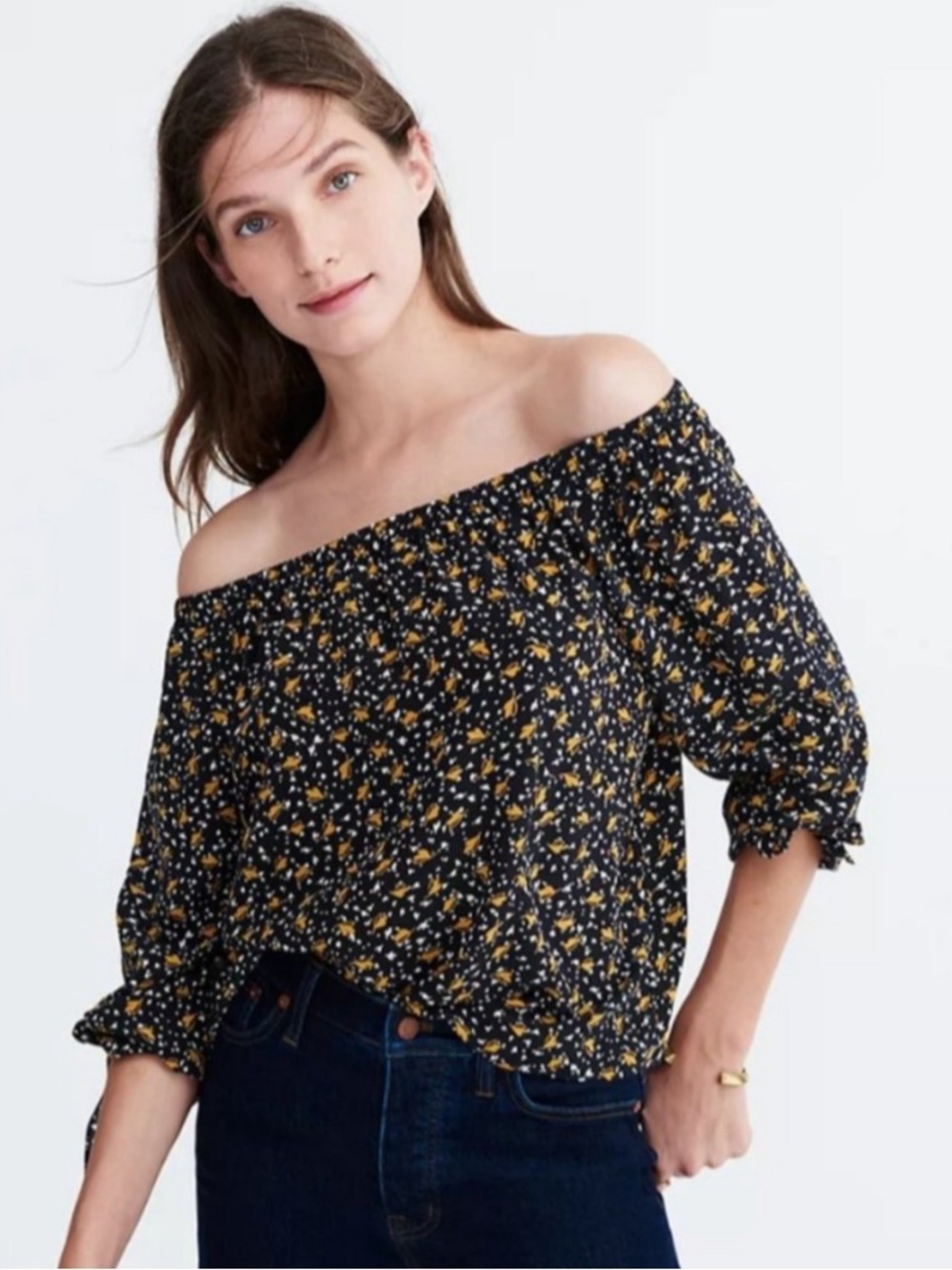 Madewell Black Off-Shoulder Floral Blouse with Mustard Accents